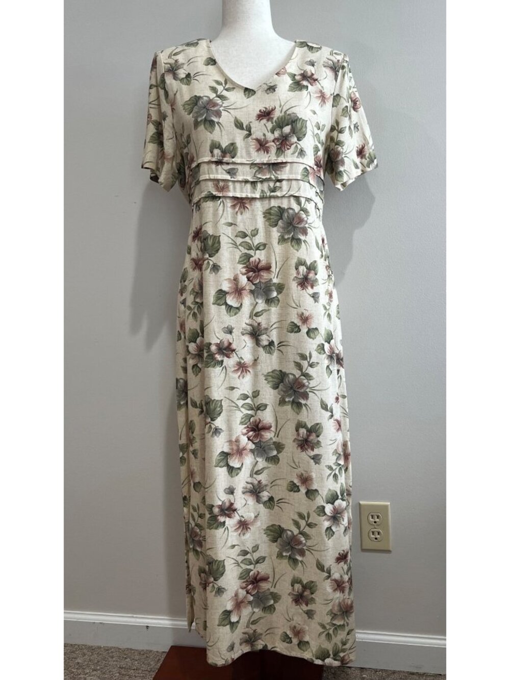 VTG Molly Malloy Midi Dress Womens 10 Beige Floral  Rayon/Linen Cottage Core 90s